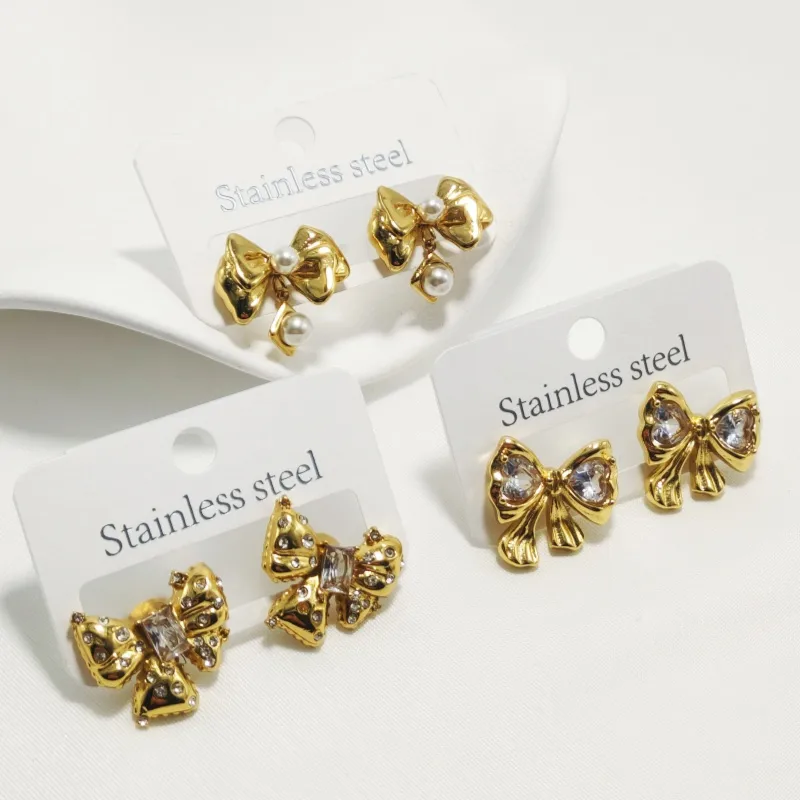 1 Pair Elegant Luxurious Bow Knot 304 Stainless Steel Rhinestone 18K Gold Plated Ear Studs display picture 1