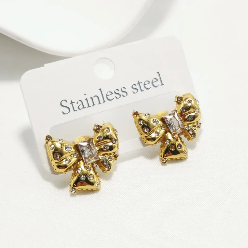 1 Pair Elegant Luxurious Bow Knot 304 Stainless Steel Rhinestone 18K Gold Plated Ear Studs display picture 4