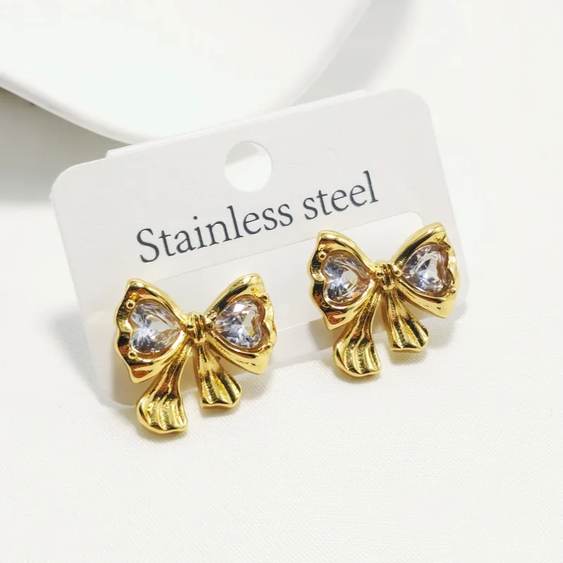 1 Pair Elegant Luxurious Bow Knot 304 Stainless Steel Rhinestone 18K Gold Plated Ear Studs display picture 2