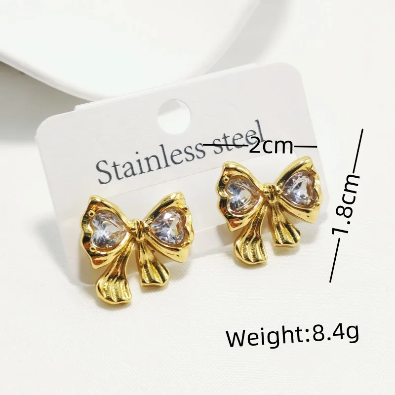 1 Pair Elegant Luxurious Bow Knot 304 Stainless Steel Rhinestone 18K Gold Plated Ear Studs display picture 6
