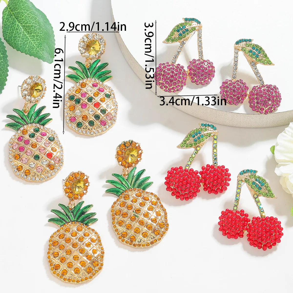 1 Pair Luxurious Pastoral Artistic Cherry Pineapple Arylic Alloy Drop Earrings Ear Studs display picture 1