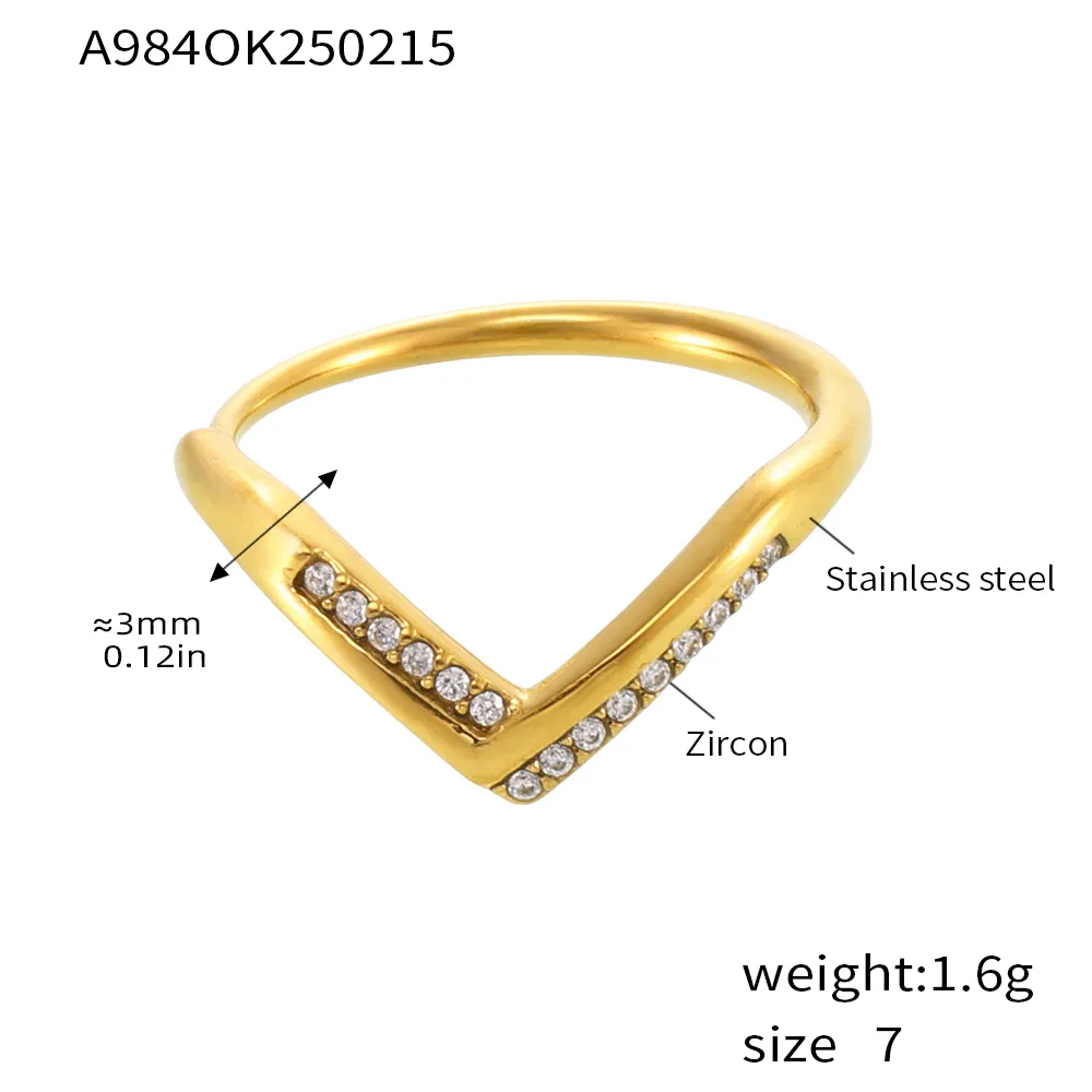 Elegant V Shape 304 Stainless Steel Plating Inlay Zircon 18K Gold Plated Women's Rings display picture 1