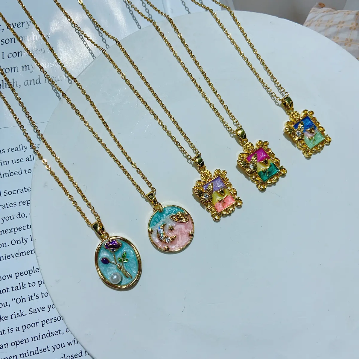 Casual Cute Sweet Moon Flower Butterfly 304 Stainless Steel Enamel Plating Inlay Imitation Pearl Zircon 18K Gold Plated Women's Pendant Necklace display picture 1