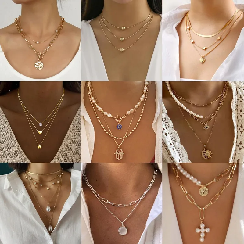 Elegant Glam Vintage Style Round Heart Shape Eye Imitation Pearl Alloy Women's Layered Necklaces Pendant Necklace display picture 1