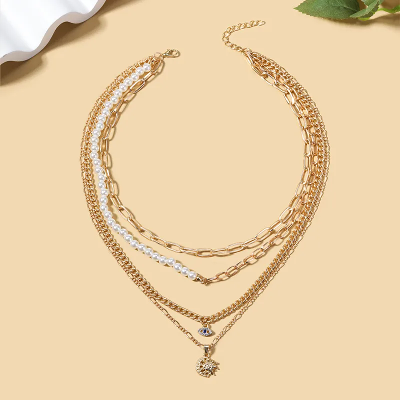 Elegant Glam Vintage Style Round Heart Shape Eye Imitation Pearl Alloy Women's Layered Necklaces Pendant Necklace display picture 18