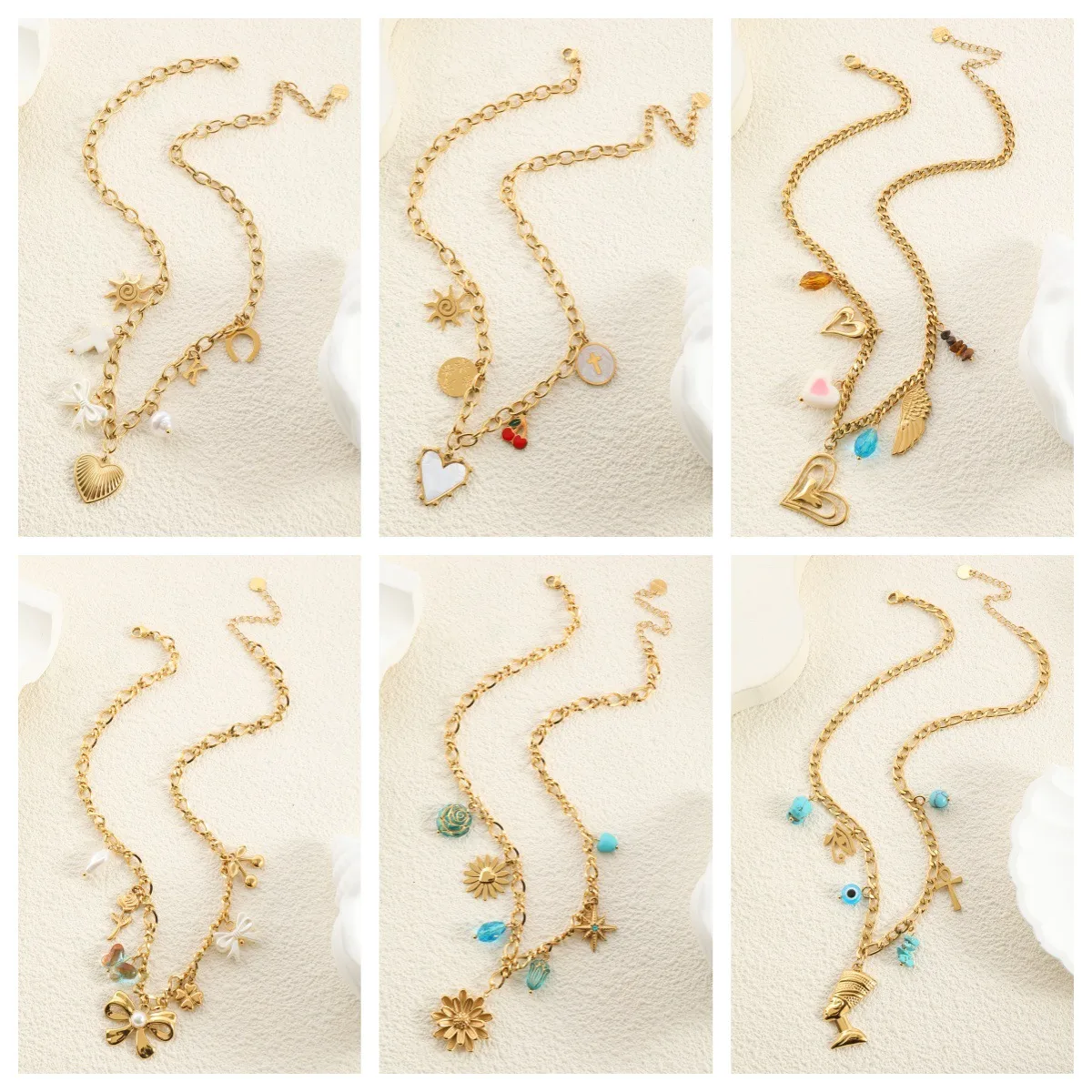Vacation Beach Modern Style Heart Shape Bow Knot Titanium Steel Women's Multi Charms Necklace display picture 1