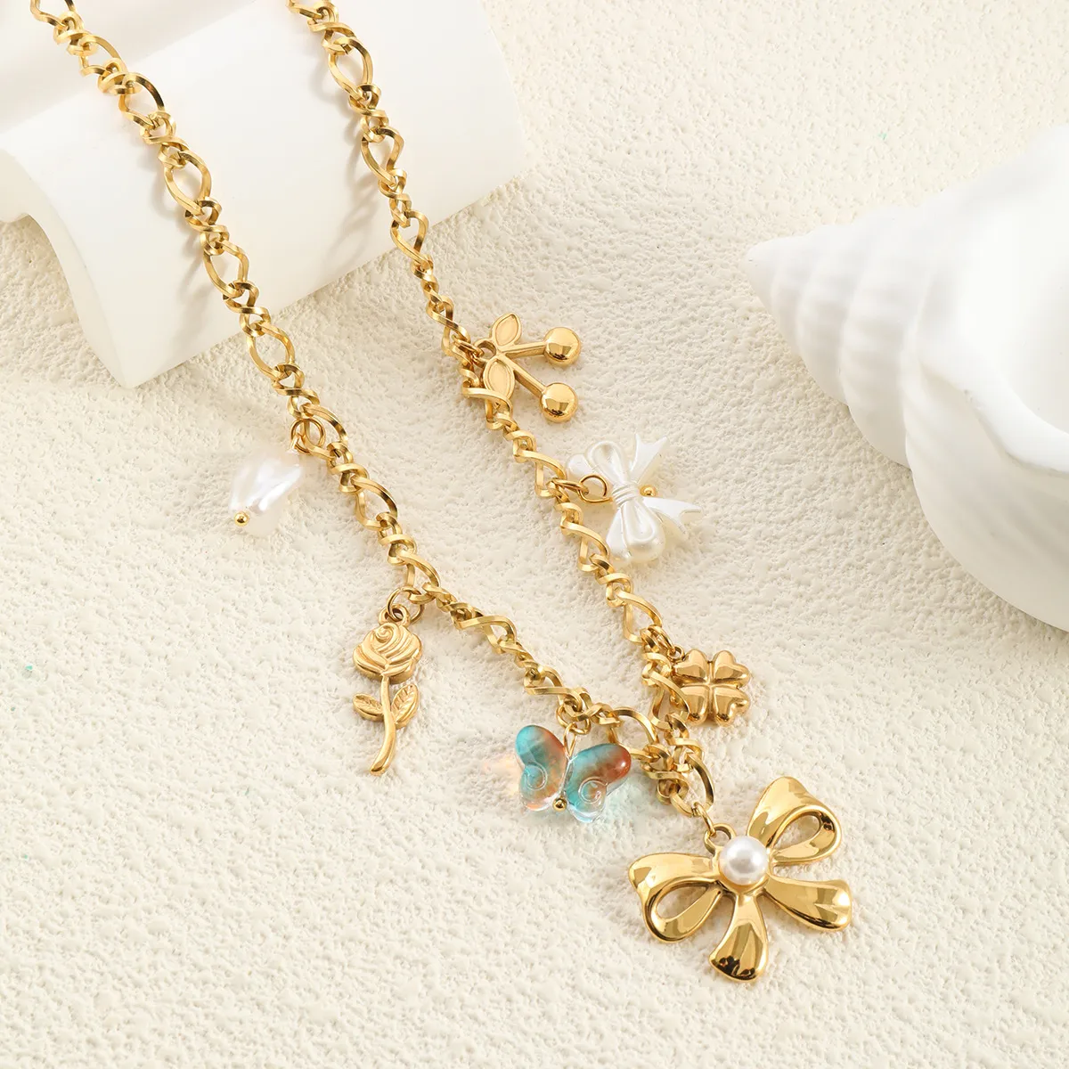 Vacation Beach Modern Style Heart Shape Bow Knot Titanium Steel Women's Multi Charms Necklace display picture 4