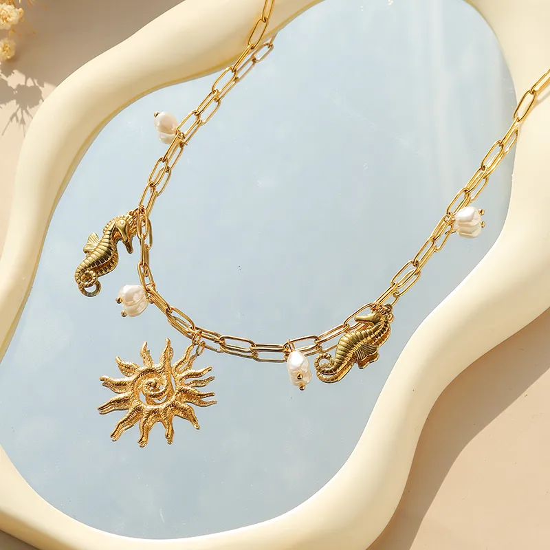 Hawaiian Beach Sun Hippocampus 304 Stainless Steel Plating 14K Gold Plated Women's Multi Charms Necklace display picture 1
