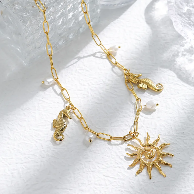 Hawaiian Beach Sun Hippocampus 304 Stainless Steel Plating 14K Gold Plated Women's Multi Charms Necklace display picture 4