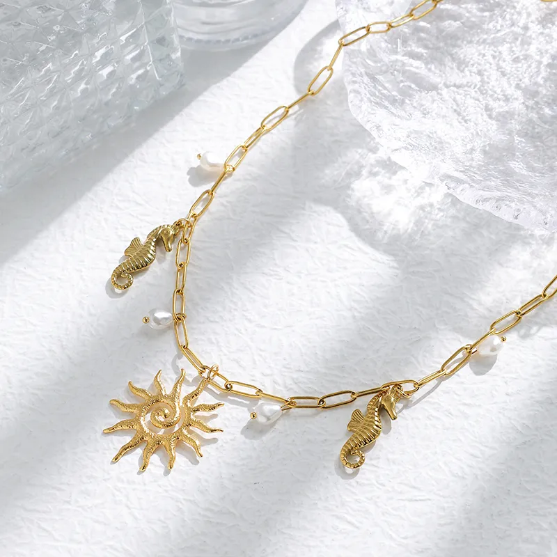 Hawaiian Beach Sun Hippocampus 304 Stainless Steel Plating 14K Gold Plated Women's Multi Charms Necklace display picture 3