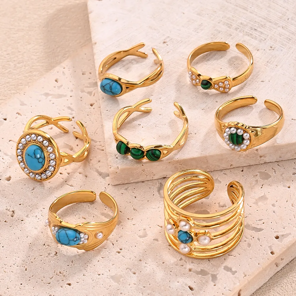 Casual Modern Style Simple Style Round Oval Bow Knot 304 Stainless Steel Handmade Polishing Inlay Imitation Pearl Synthetic Malachite Synthetic Turquoise 18K Gold Plated Women's Adjustable Ring display picture 1