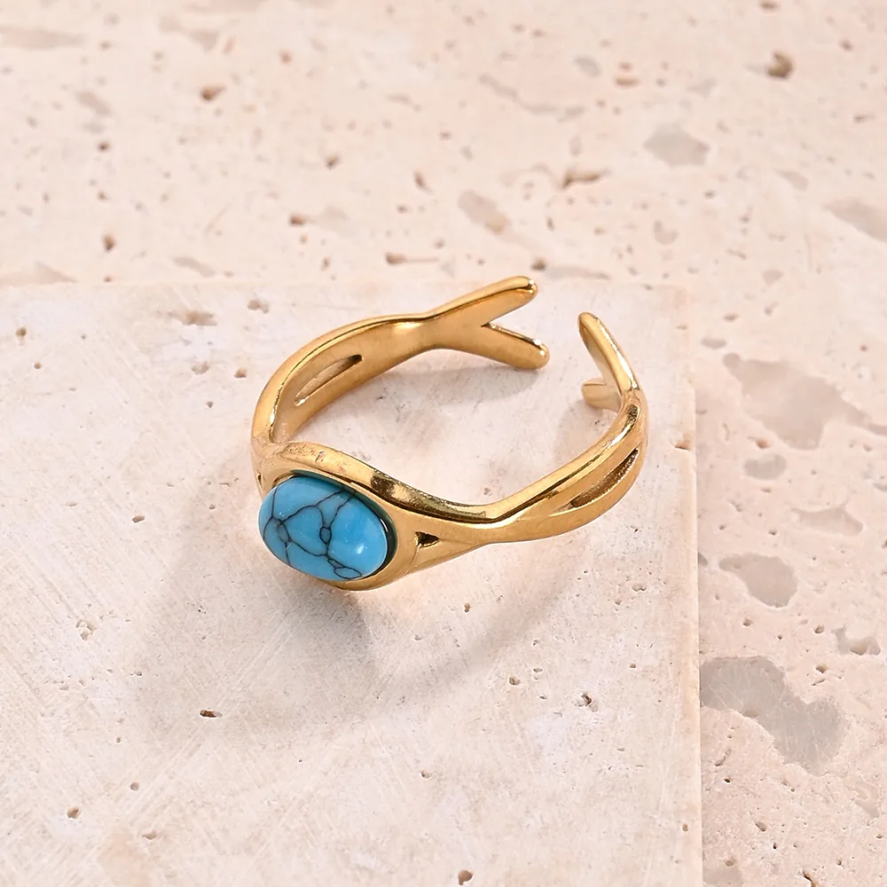 Casual Modern Style Simple Style Round Oval Bow Knot 304 Stainless Steel Handmade Polishing Inlay Imitation Pearl Synthetic Malachite Synthetic Turquoise 18K Gold Plated Women's Adjustable Ring display picture 2
