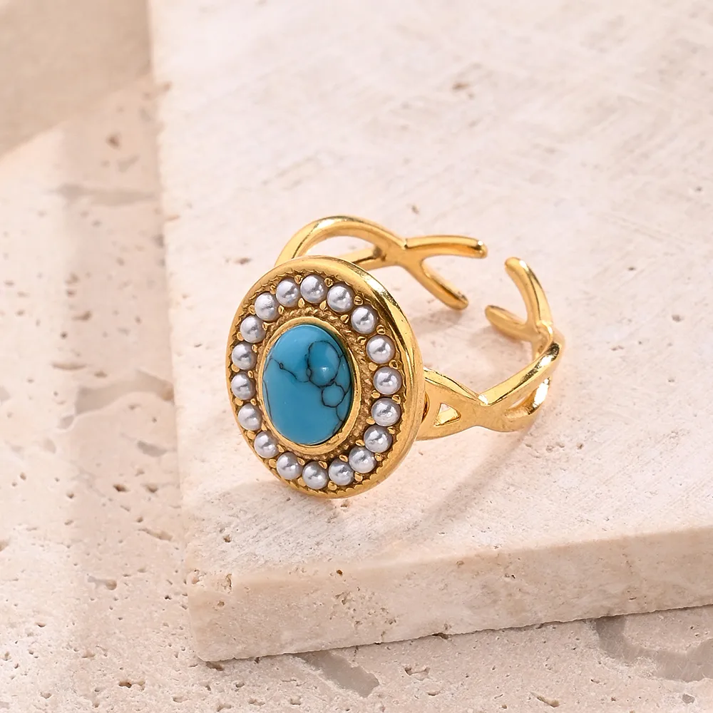 Casual Modern Style Simple Style Round Oval Bow Knot 304 Stainless Steel Handmade Polishing Inlay Imitation Pearl Synthetic Malachite Synthetic Turquoise 18K Gold Plated Women's Adjustable Ring display picture 4