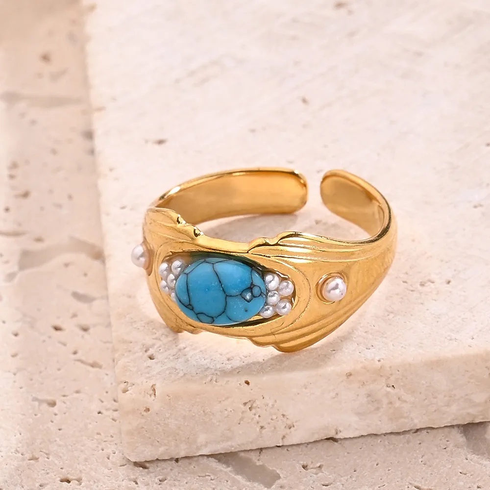Casual Modern Style Simple Style Round Oval Bow Knot 304 Stainless Steel Handmade Polishing Inlay Imitation Pearl Synthetic Malachite Synthetic Turquoise 18K Gold Plated Women's Adjustable Ring display picture 3