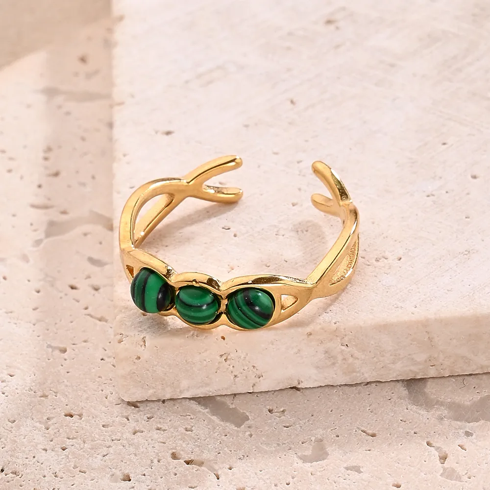 Casual Modern Style Simple Style Round Oval Bow Knot 304 Stainless Steel Handmade Polishing Inlay Imitation Pearl Synthetic Malachite Synthetic Turquoise 18K Gold Plated Women's Adjustable Ring display picture 8