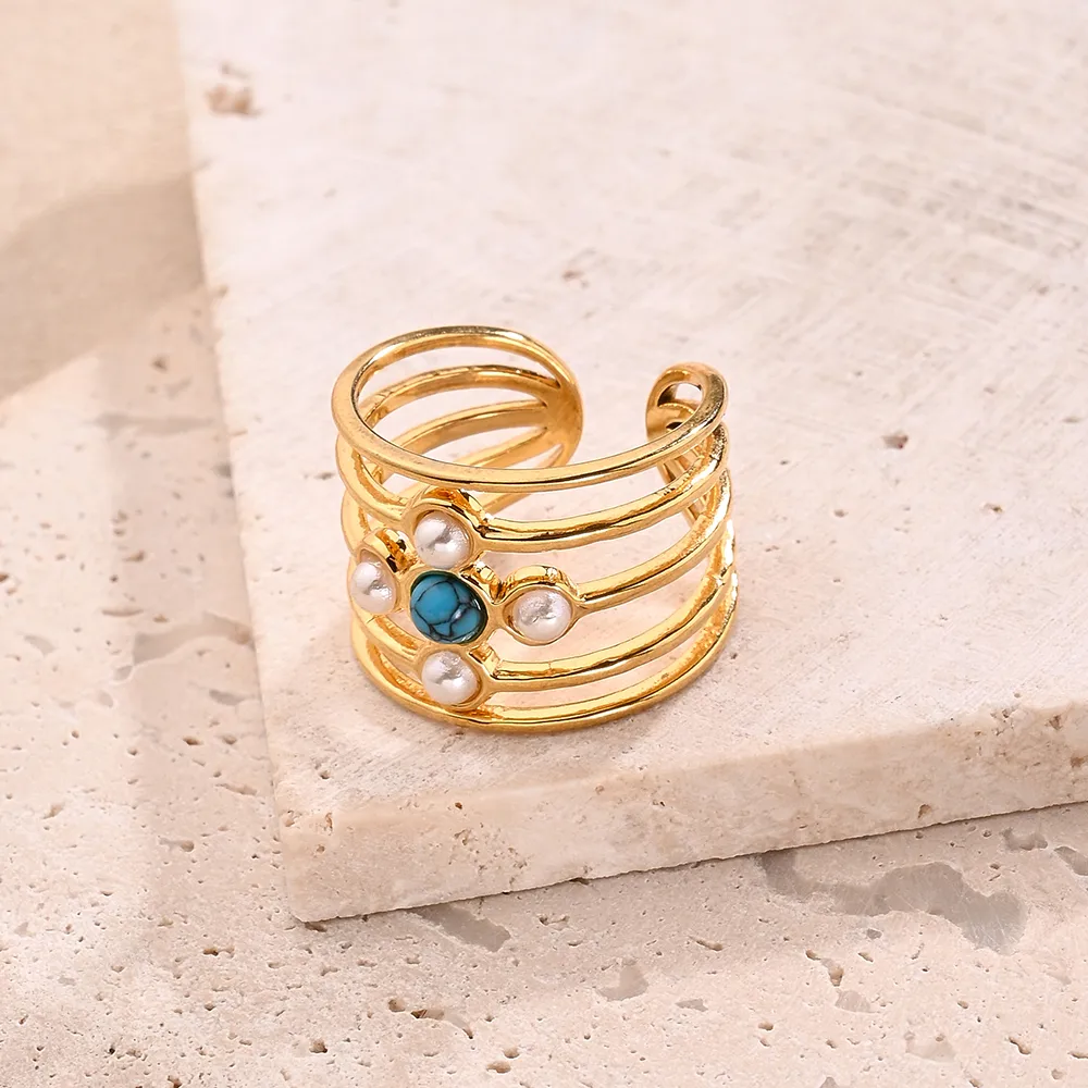 Casual Modern Style Simple Style Round Oval Bow Knot 304 Stainless Steel Handmade Polishing Inlay Imitation Pearl Synthetic Malachite Synthetic Turquoise 18K Gold Plated Women's Adjustable Ring display picture 7