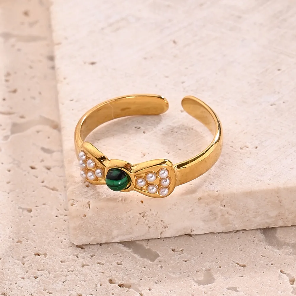 Casual Modern Style Simple Style Round Oval Bow Knot 304 Stainless Steel Handmade Polishing Inlay Imitation Pearl Synthetic Malachite Synthetic Turquoise 18K Gold Plated Women's Adjustable Ring display picture 6