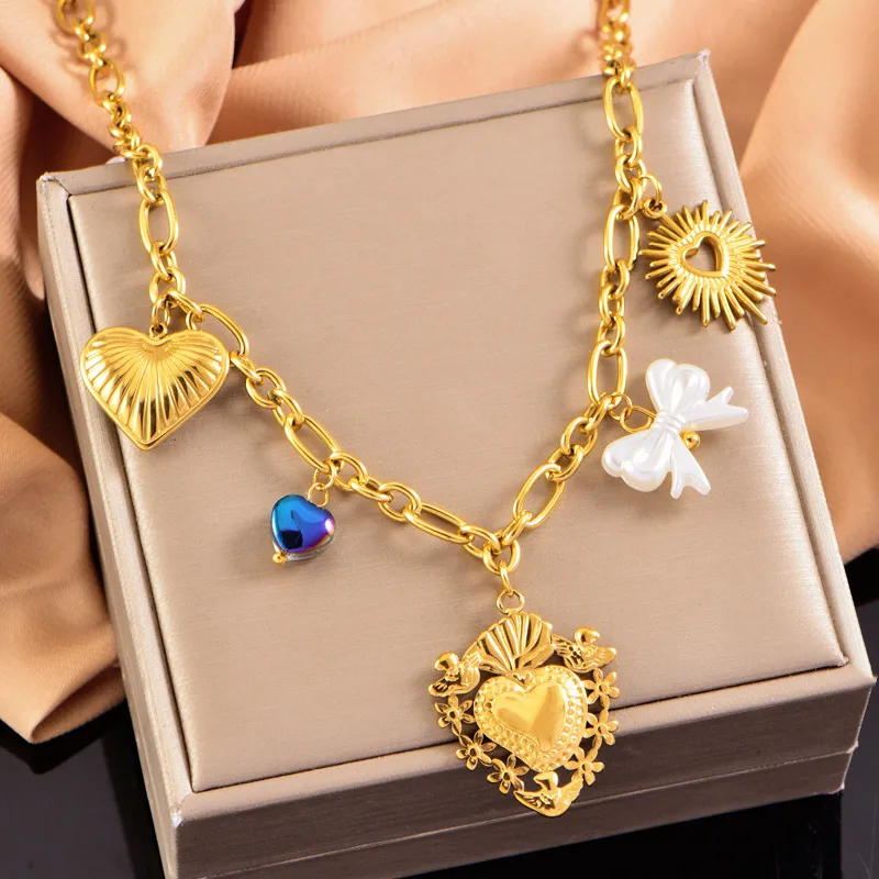 Wholesale Jewelry Vintage Style Simple Style Heart Shape 304 Stainless Steel Plating Multi Charms Necklace Cable Chain display picture 2