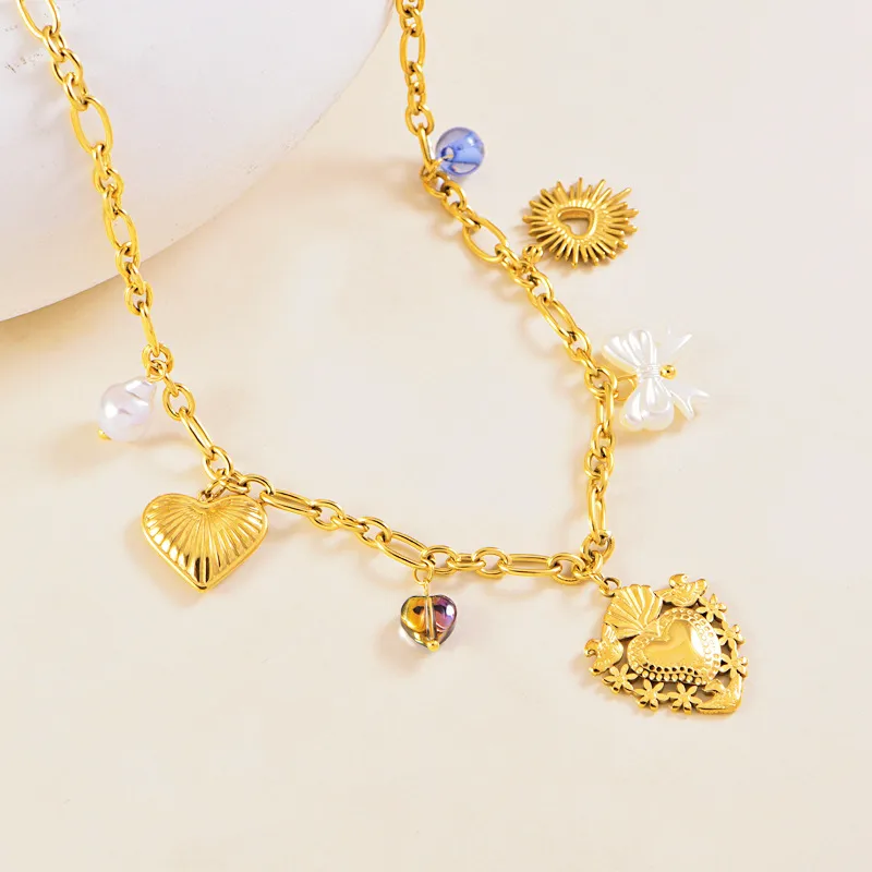Wholesale Jewelry Vintage Style Simple Style Heart Shape 304 Stainless Steel Plating Multi Charms Necklace Cable Chain display picture 4