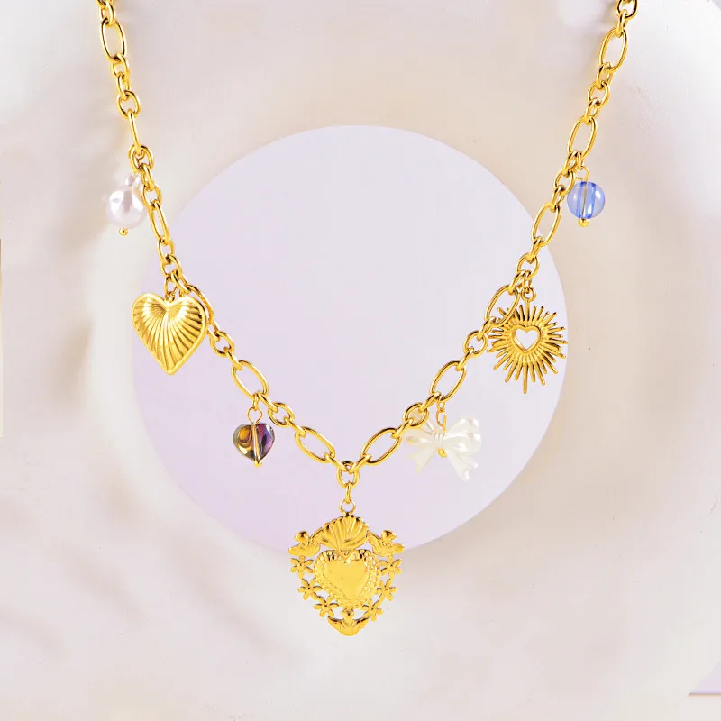 Wholesale Jewelry Vintage Style Simple Style Heart Shape 304 Stainless Steel Plating Multi Charms Necklace Cable Chain display picture 3