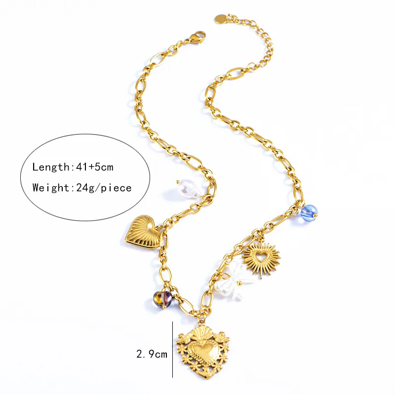 Wholesale Jewelry Vintage Style Simple Style Heart Shape 304 Stainless Steel Plating Multi Charms Necklace Cable Chain display picture 1