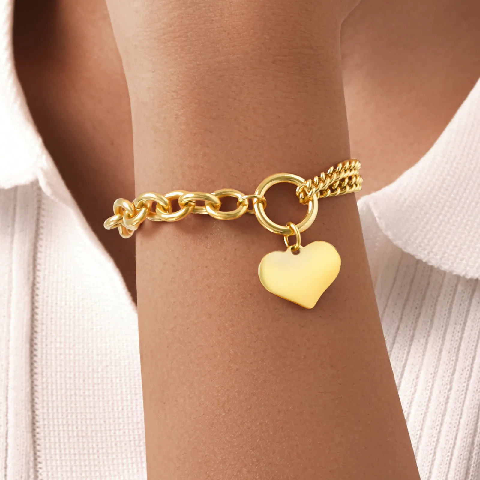 IG Style Elegant Heart Shape 304 Stainless Steel 18K Gold Plated Cable Chain Bracelets In Bulk display picture 7