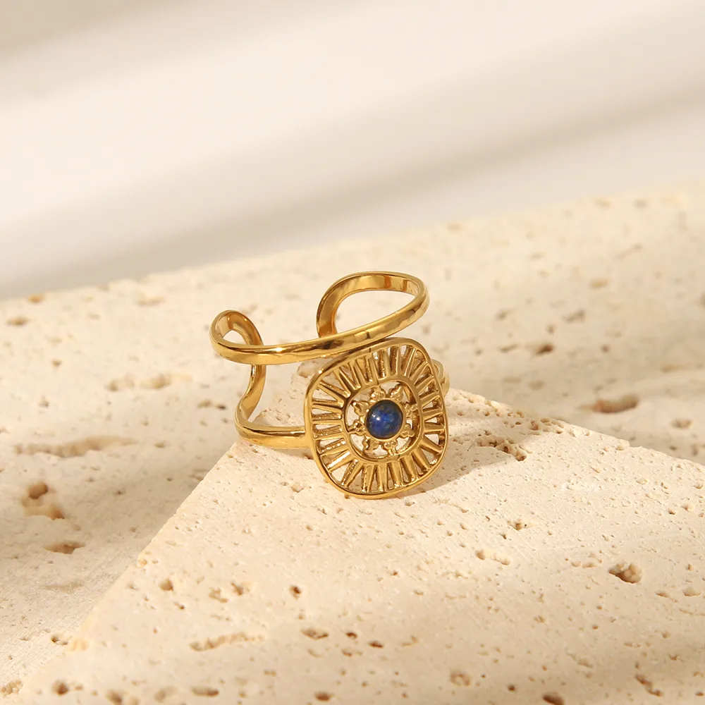 Sexy Tropical Cactus Leaf 304 Stainless Steel Natural Stone 18K Gold Plated Unisex Open Rings display picture 13
