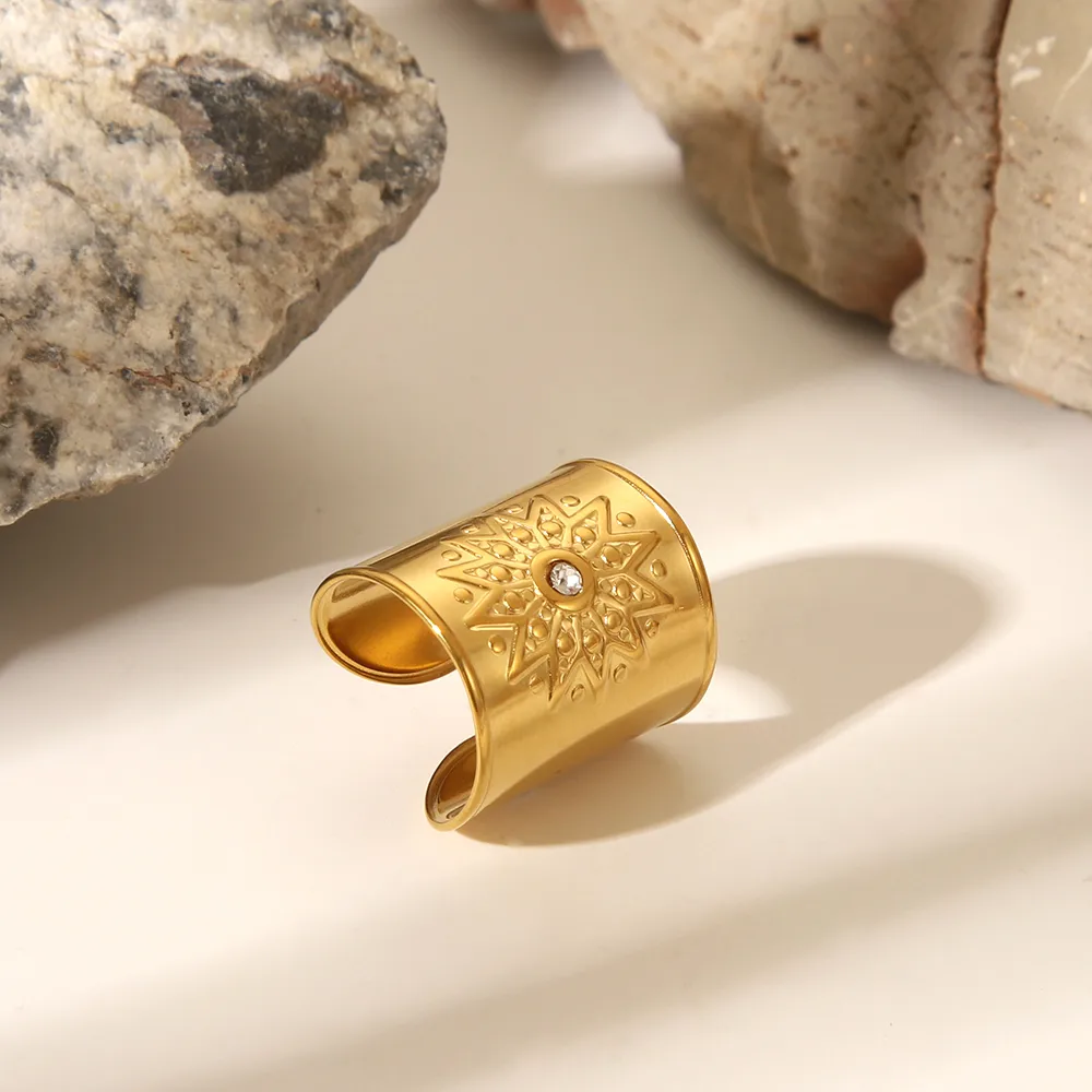Sexy Tropical Cactus Leaf 304 Stainless Steel Natural Stone 18K Gold Plated Unisex Open Rings display picture 3