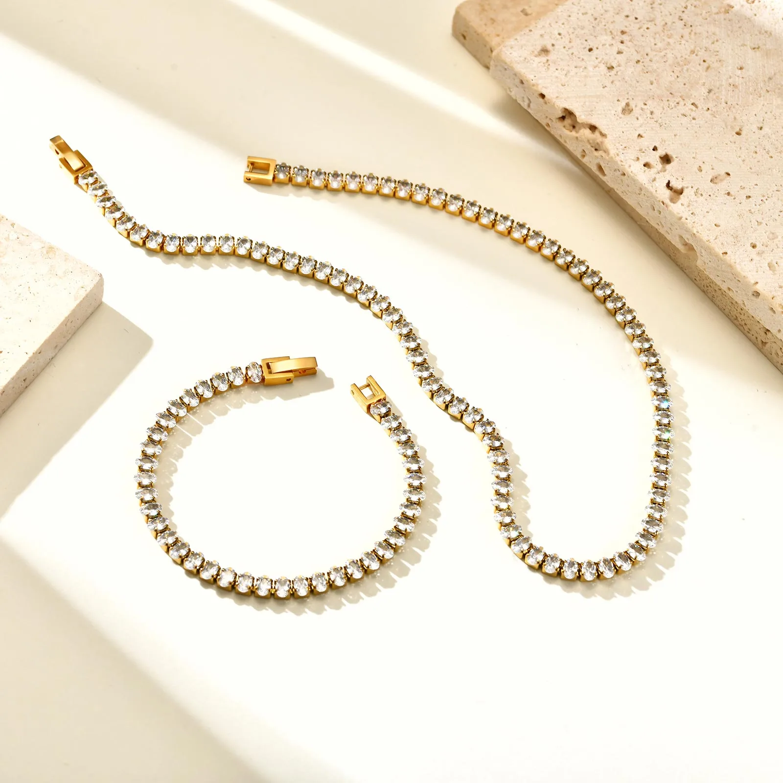 Wholesale Jewelry IG Style Solid Color 201 Stainless Steel Zircon 18K Gold Plated Bracelets Earrings Necklace Cuban Link Chain Curb Chain Cable Chain display picture 1