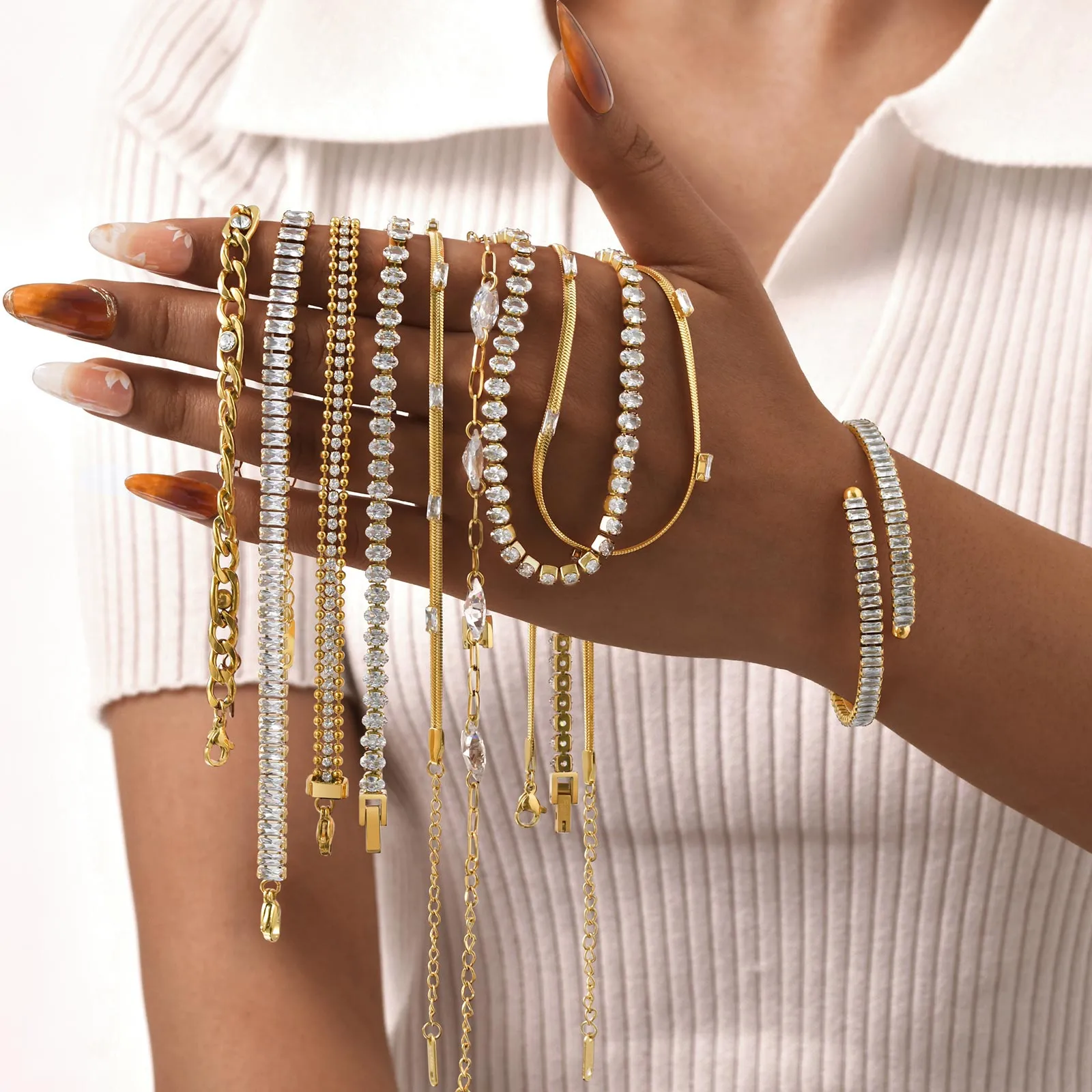 Wholesale Jewelry IG Style Solid Color 201 Stainless Steel Zircon 18K Gold Plated Bracelets Earrings Necklace Cuban Link Chain Curb Chain Cable Chain display picture 5