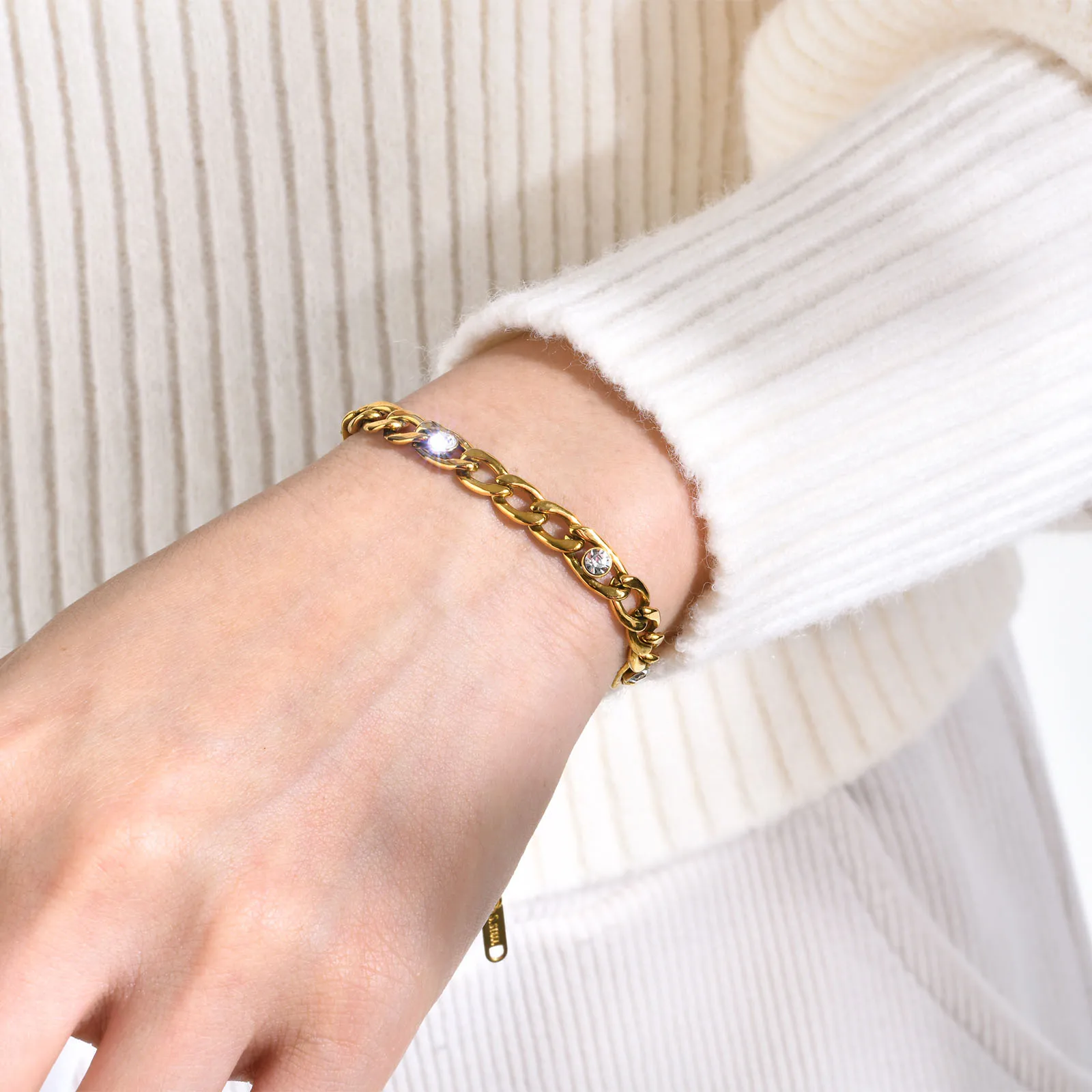Wholesale Jewelry IG Style Solid Color 201 Stainless Steel Zircon 18K Gold Plated Bracelets Earrings Necklace Cuban Link Chain Curb Chain Cable Chain display picture 12