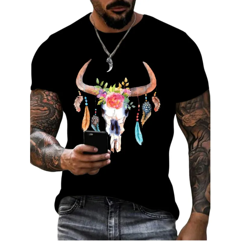 Men's Letter Cattle Simple Style Round Neck Short Sleeve Loose Men's T-shirt display picture 5