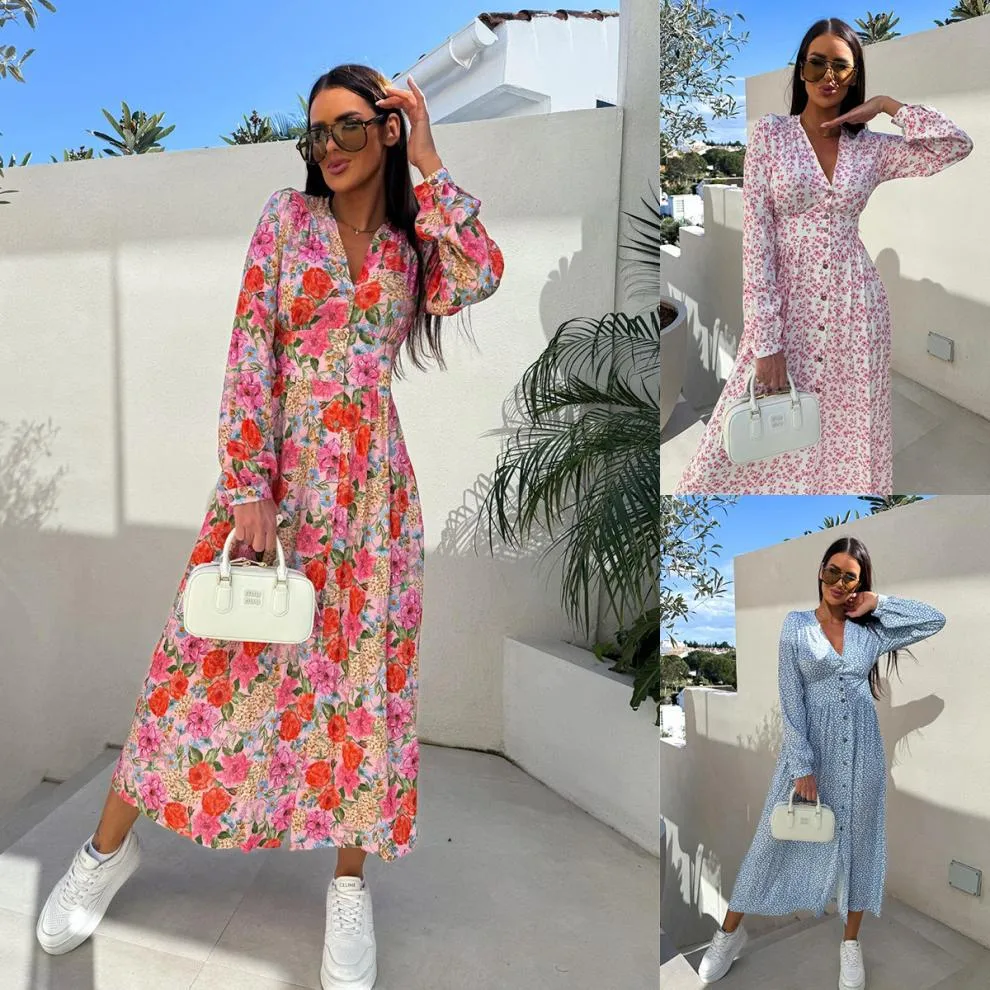 Women's Floral Dress Streetwear V Neck Long Sleeve Multicolor Maxi Long Dress Holiday Banquet Selfie display picture 1