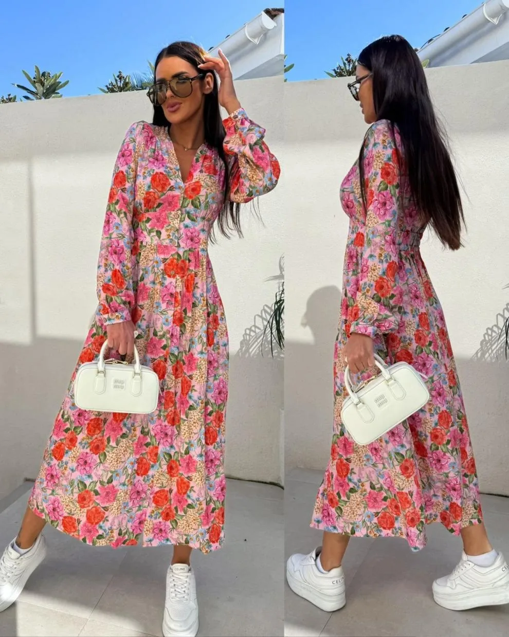 Women's Floral Dress Streetwear V Neck Long Sleeve Multicolor Maxi Long Dress Holiday Banquet Selfie display picture 6