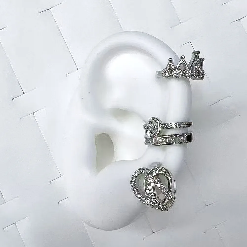 1 Pair/Package Modern Style Simple Style Double Ring Heart Shape Crown Polishing Plating Copper Zircon White Gold Plated Ear Cuffs display picture 1