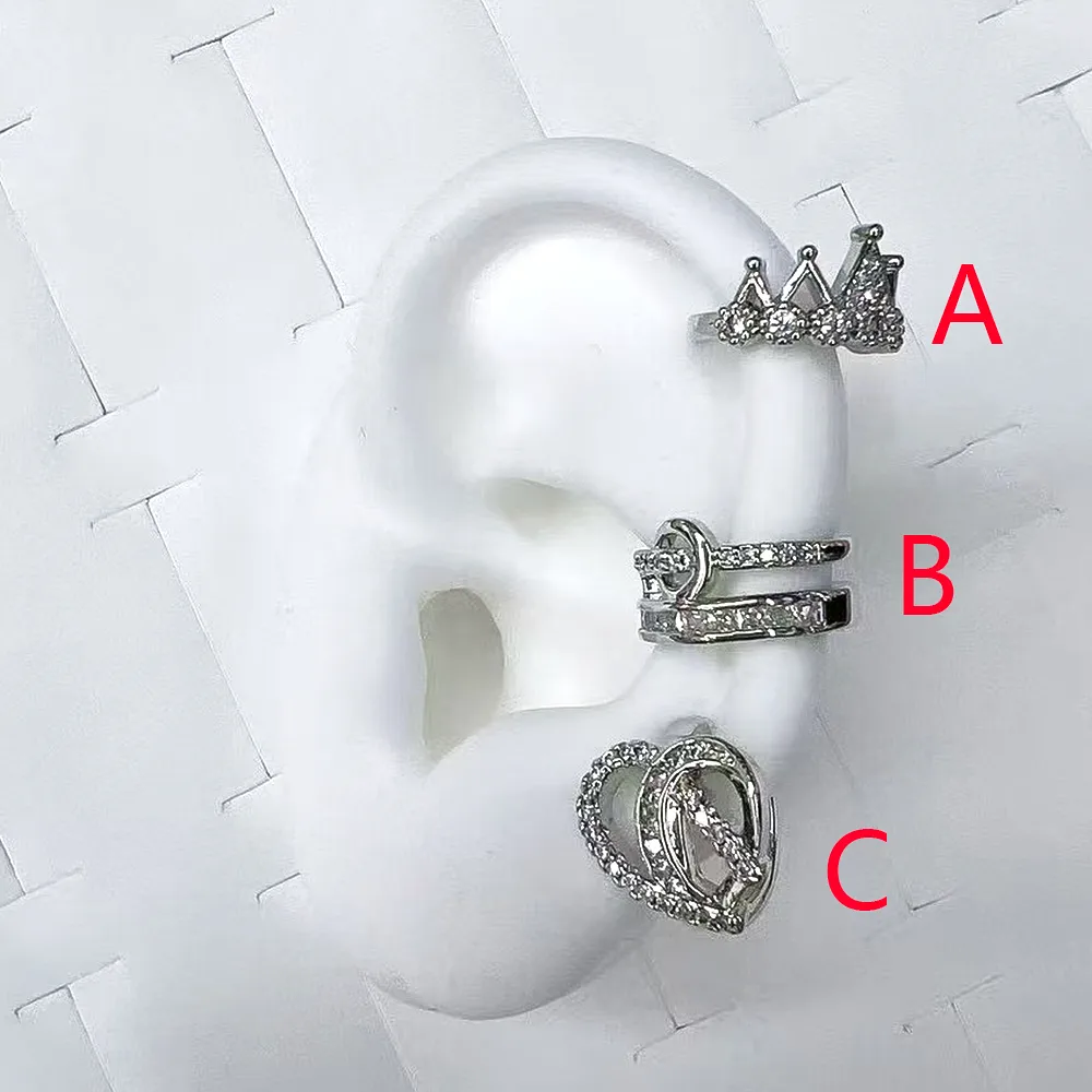 1 Pair/Package Modern Style Simple Style Double Ring Heart Shape Crown Polishing Plating Copper Zircon White Gold Plated Ear Cuffs display picture 2