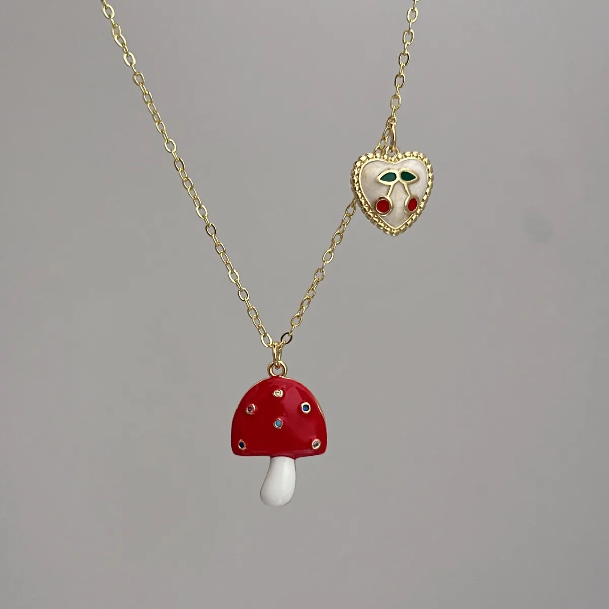 Cute Sweet Cherry Heart Shape Mushroom Copper Zirconia 18K Gold Plated Women's Pendant Necklace display picture 1