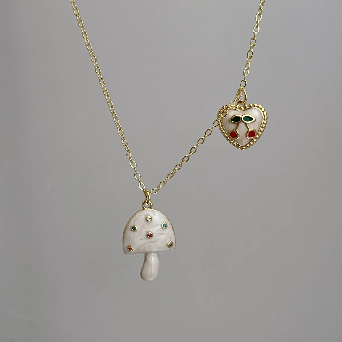 Cute Sweet Cherry Heart Shape Mushroom Copper Zirconia 18K Gold Plated Women's Pendant Necklace display picture 5