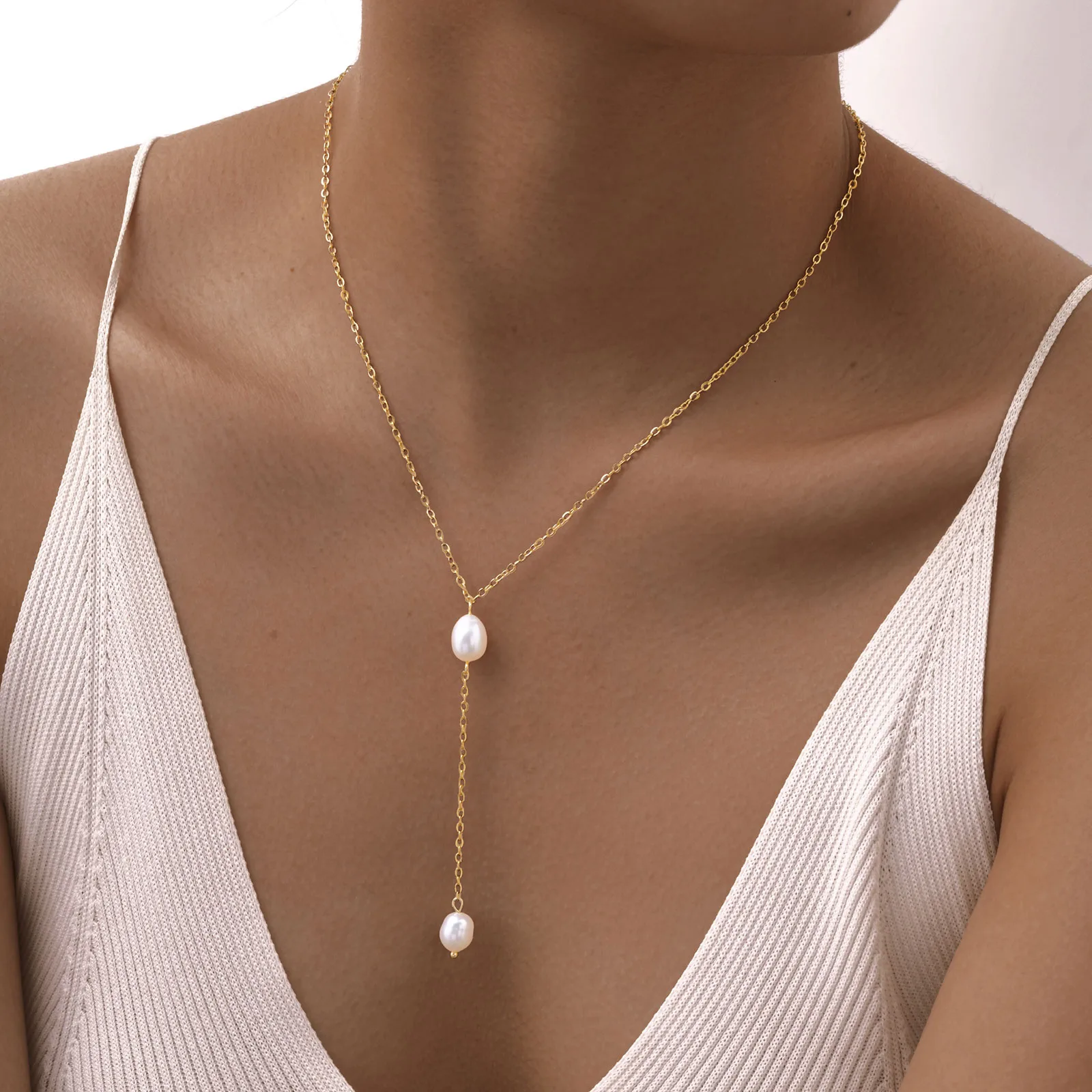Wholesale Jewelry IG Style Baroque Style Geometric 304 Stainless Steel Freshwater Pearl 18K Gold Plated Necklace Cable Chain display picture 2