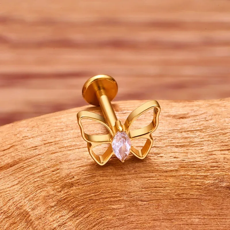 Simple Style Classic Style Butterfly Titanium Alloy Plating Inlay Pearl Zircon 14K Gold Plated White Gold Plated Unisex Lip Stud Ear Studs display picture 13
