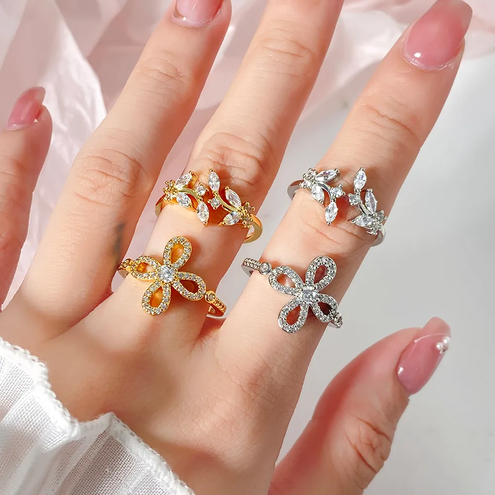 Elegant Leaves Copper Zircon K Gold Plated White Gold Plated Women's Open Rings display picture 9