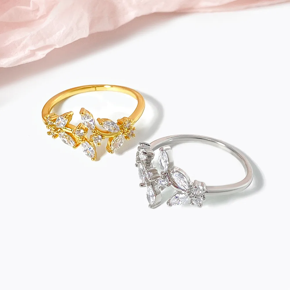 Elegant Leaves Copper Zircon K Gold Plated White Gold Plated Women's Open Rings display picture 10