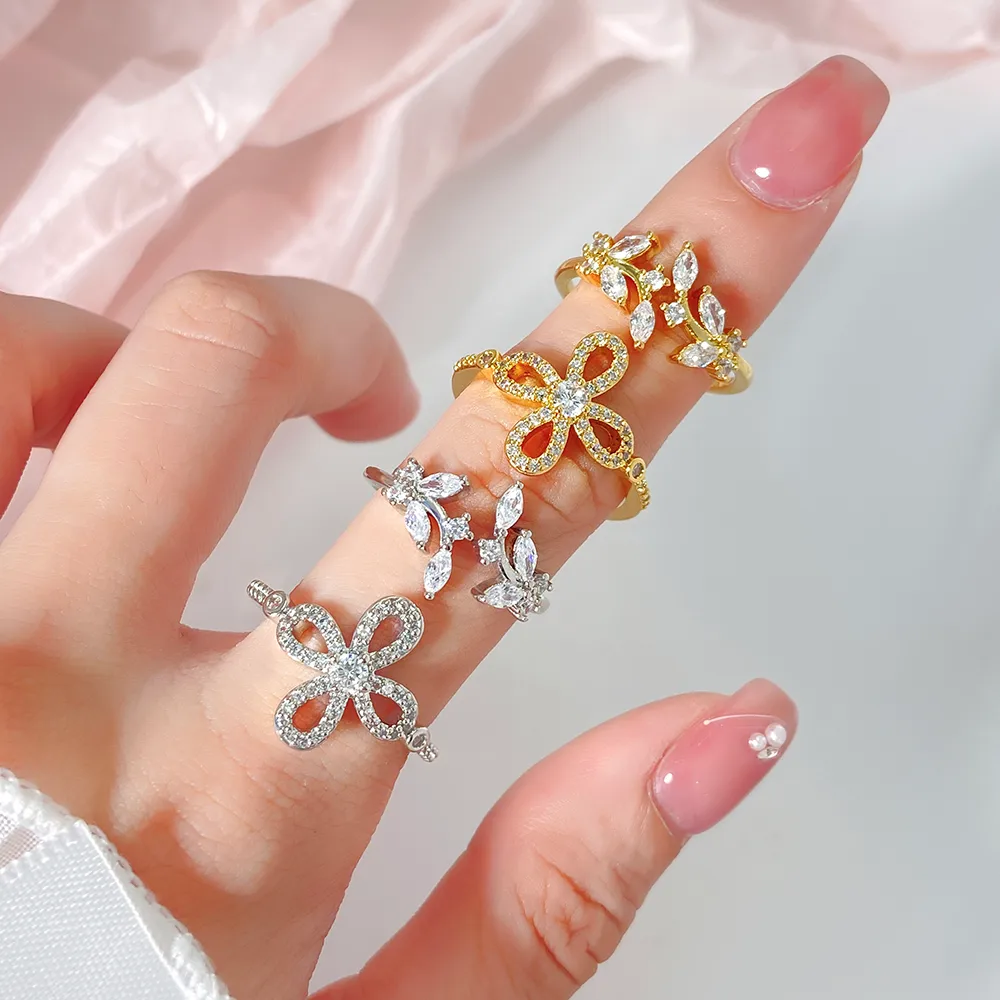 Elegant Leaves Copper Zircon K Gold Plated White Gold Plated Women's Open Rings display picture 13