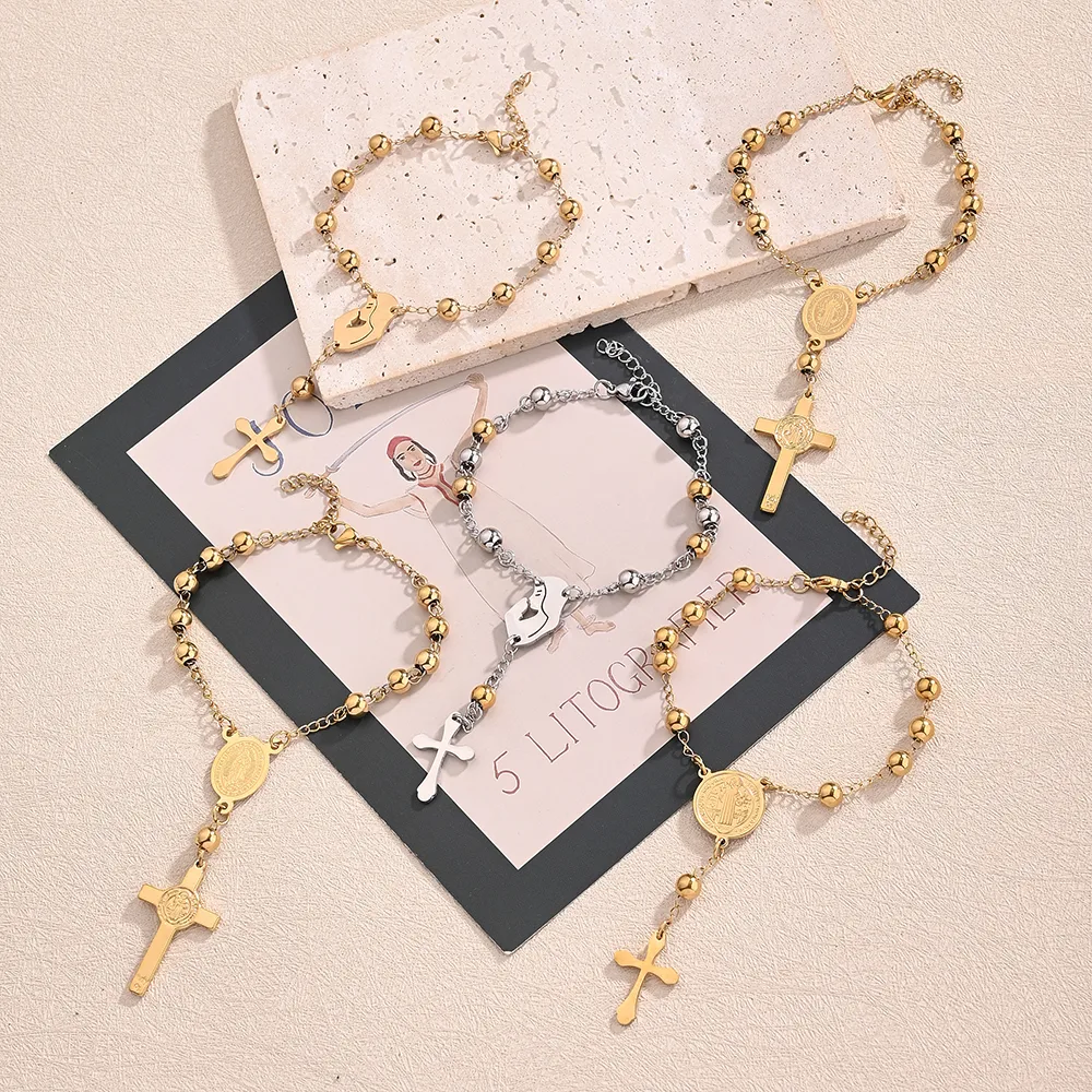 Casual Religion Simple Style Cross Virgin Mary Priest 304 Stainless Steel Handmade Polishing Plating 18K Gold Plated Unisex Bracelets display picture 1