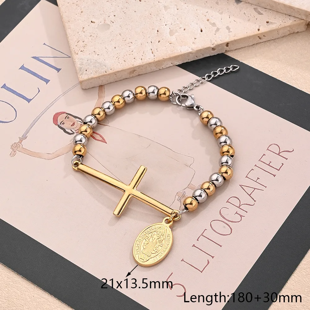 Casual Religion Simple Style Cross Virgin Mary Priest 304 Stainless Steel Handmade Polishing 18K Gold Plated Unisex Bracelets display picture 2
