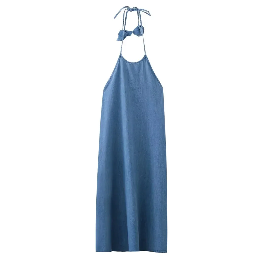 Women's Denim Dress Simple Style Halter Neck Backless Sleeveless Solid Color Maxi Long Dress Casual Daily display picture 1