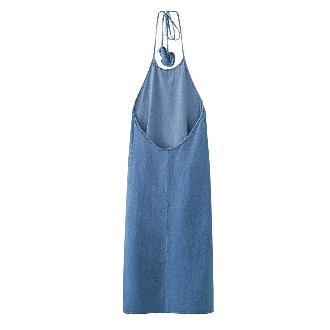 Women's Denim Dress Simple Style Halter Neck Backless Sleeveless Solid Color Maxi Long Dress Casual Daily display picture 2