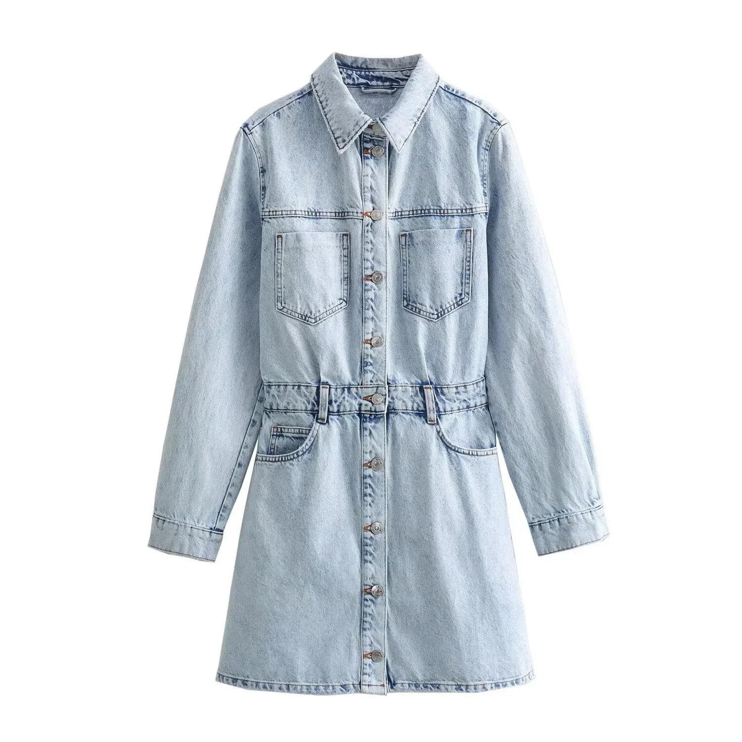 Women's Denim Dress Simple Style Turndown Long Sleeve Solid Color Above Knee Casual Holiday Daily display picture 1