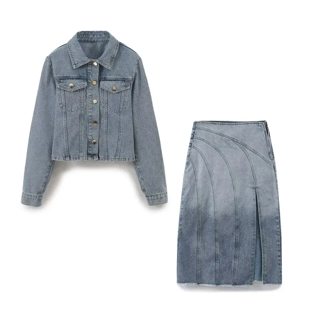 Casual Holiday Daily Women's Simple Style Color Block Denim Slit Skirt Sets Shorts Sets display picture 1