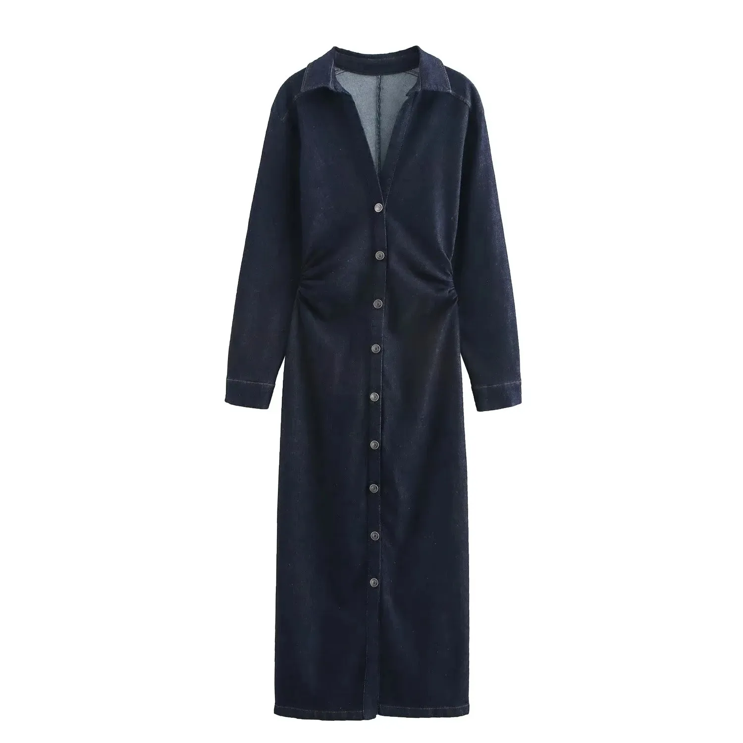 Women's Denim Dress Simple Style Shirt Collar Button Long Sleeve Solid Color Midi Dress Casual Holiday Daily display picture 1